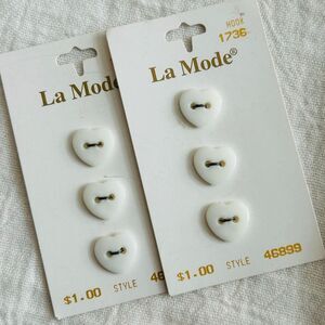 (6) Vintage La Mode White Heart Buttons Made in Italy